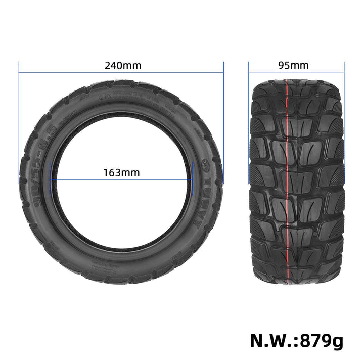 TUOVT 90/55-6.5 off-road tubeless electric scooter tyre showing 240mm diameter, 163mm inner diameter and 95mm width.