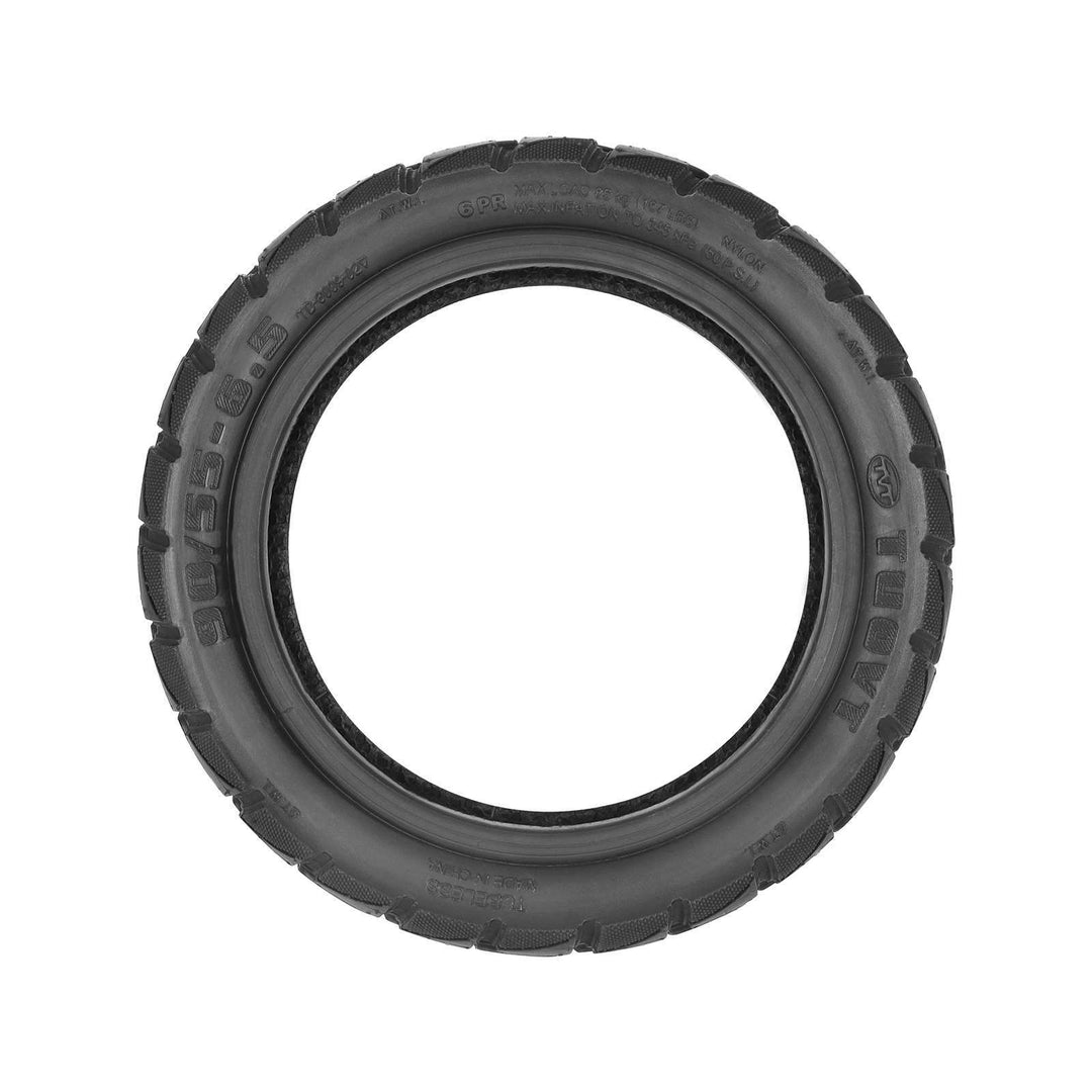 Side profile of TUOVT 90/55-6.5 tubeless tyre showing wide off-road tread and premium rubber construction.
