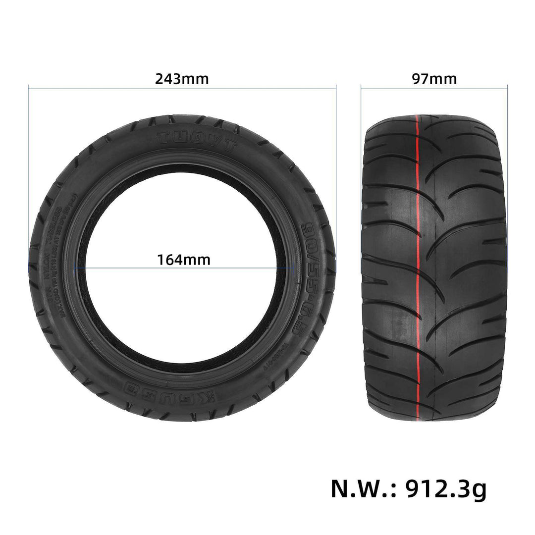 TUOVT KGUSA 90/55-6.5 tubeless tyre showing dimensions and tread width.