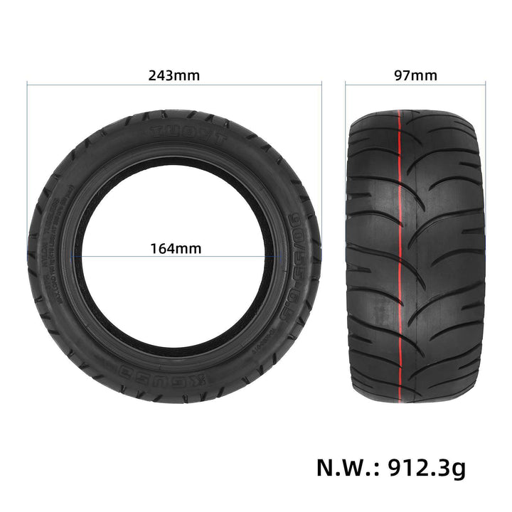 TUOVT KGUSA 90/55-6.5 tubeless tyre showing dimensions and tread width.