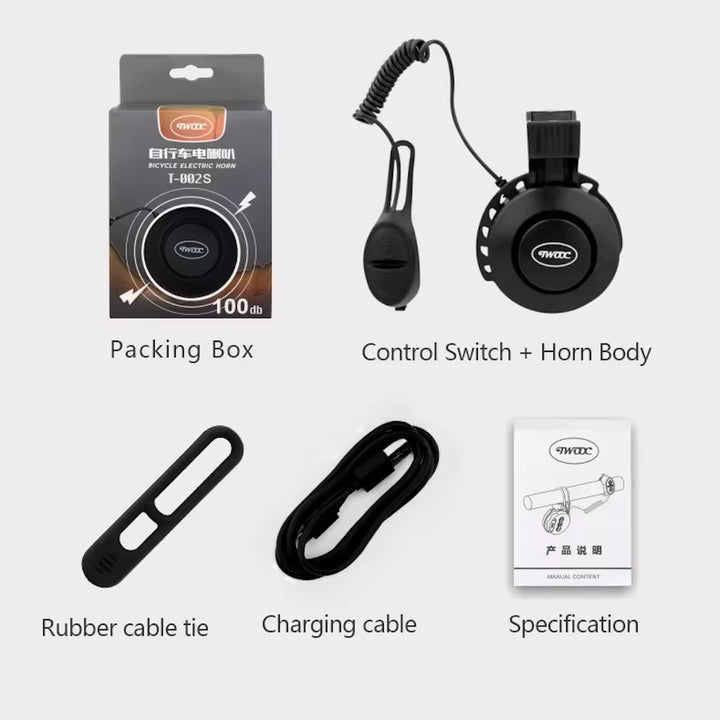 TWOOC T-002S electronic bike horn retail package including horn, remote switch, charging cable and mounting strap
