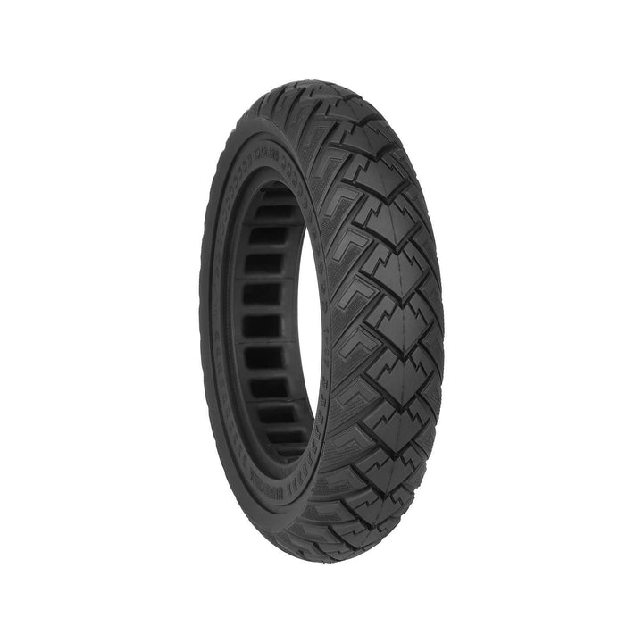 Angled view of Ulip 10x2.125 solid airless electric scooter tyre with hybrid off-road tread pattern.