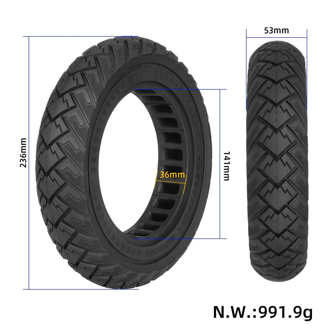 Ulip 10x2.125 solid tyre showing 236mm outer diameter, 141mm inner diameter, 36mm slot width and 53mm tyre width.