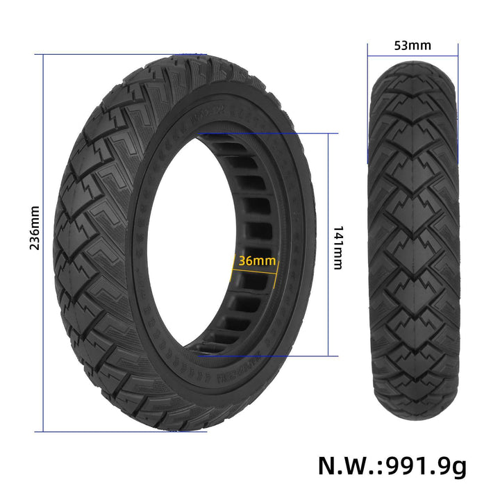 Ulip 10x2.125 solid tyre showing 236mm outer diameter, 141mm inner diameter, 36mm slot width and 53mm tyre width.