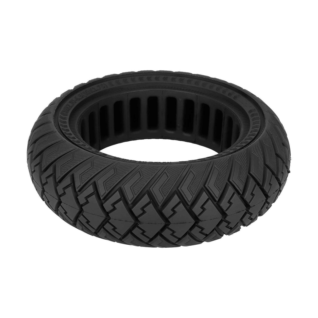 Angled view of ULIP 10×2.70-6.5 solid electric scooter tyre showing hybrid tread and hollow-core construction.