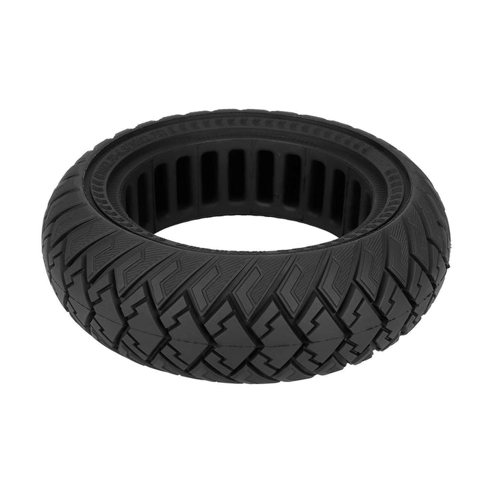 Angled view of ULIP 10×2.70-6.5 solid electric scooter tyre showing hybrid tread and hollow-core construction.
