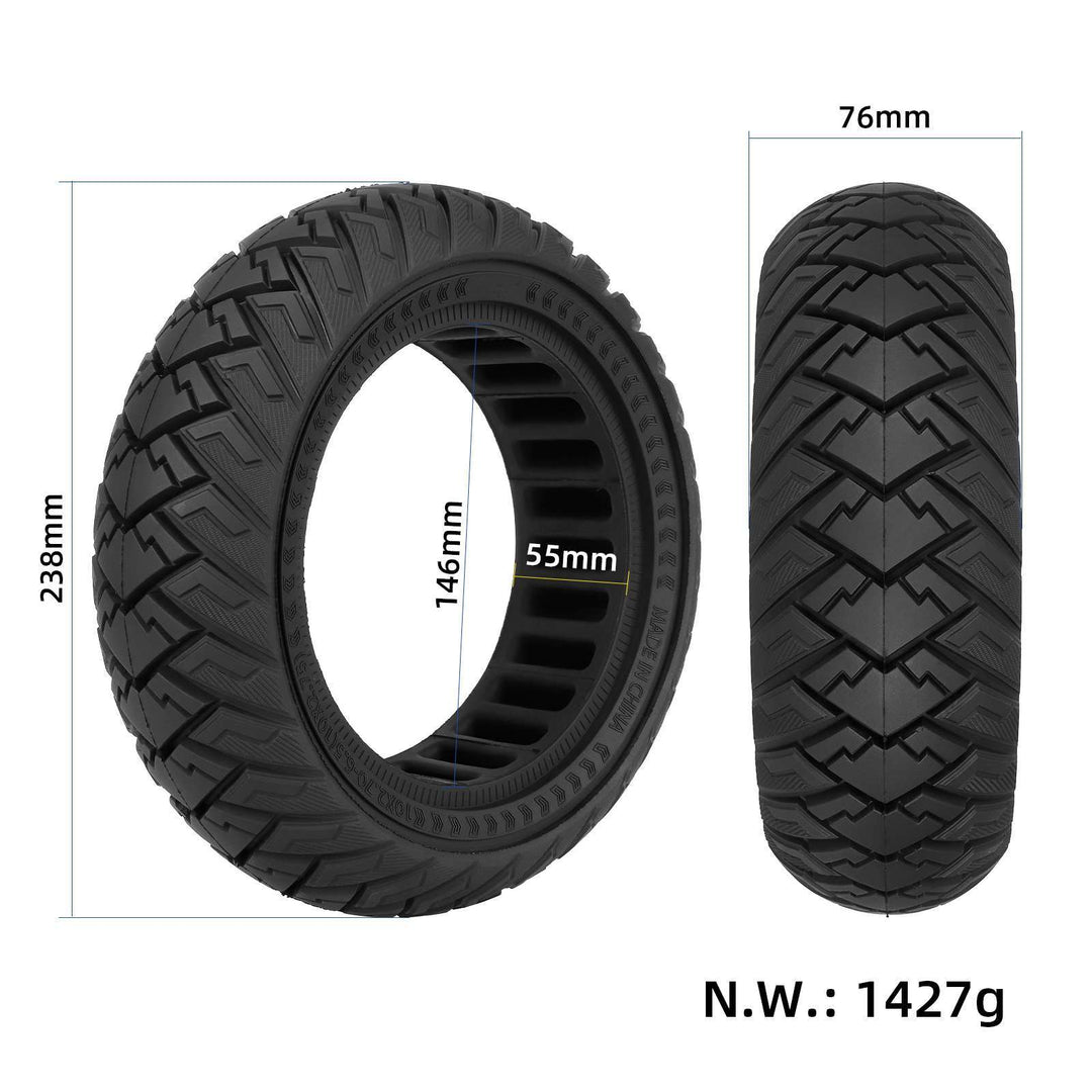 ULIP 10×2.70-6.5 solid tyre showing 238mm diameter, 76mm width, 146mm inner diameter and 55mm slot width.
