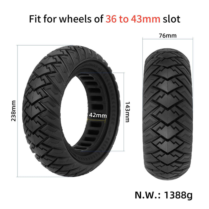 ULIP 10x3 off-road solid tyre with dimensions of 238m outer diameter, 143mm inner diameter, 76mm tyre width, down to 42mm wide at the rim.