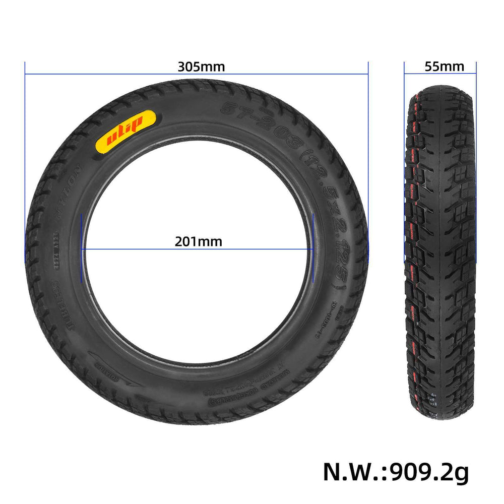 Dimensions of the ULIP 12.5x2.125 (57-203) off-road tubeless tyre. 305mm outer diameter, 201mm inner diameter and 55mm width