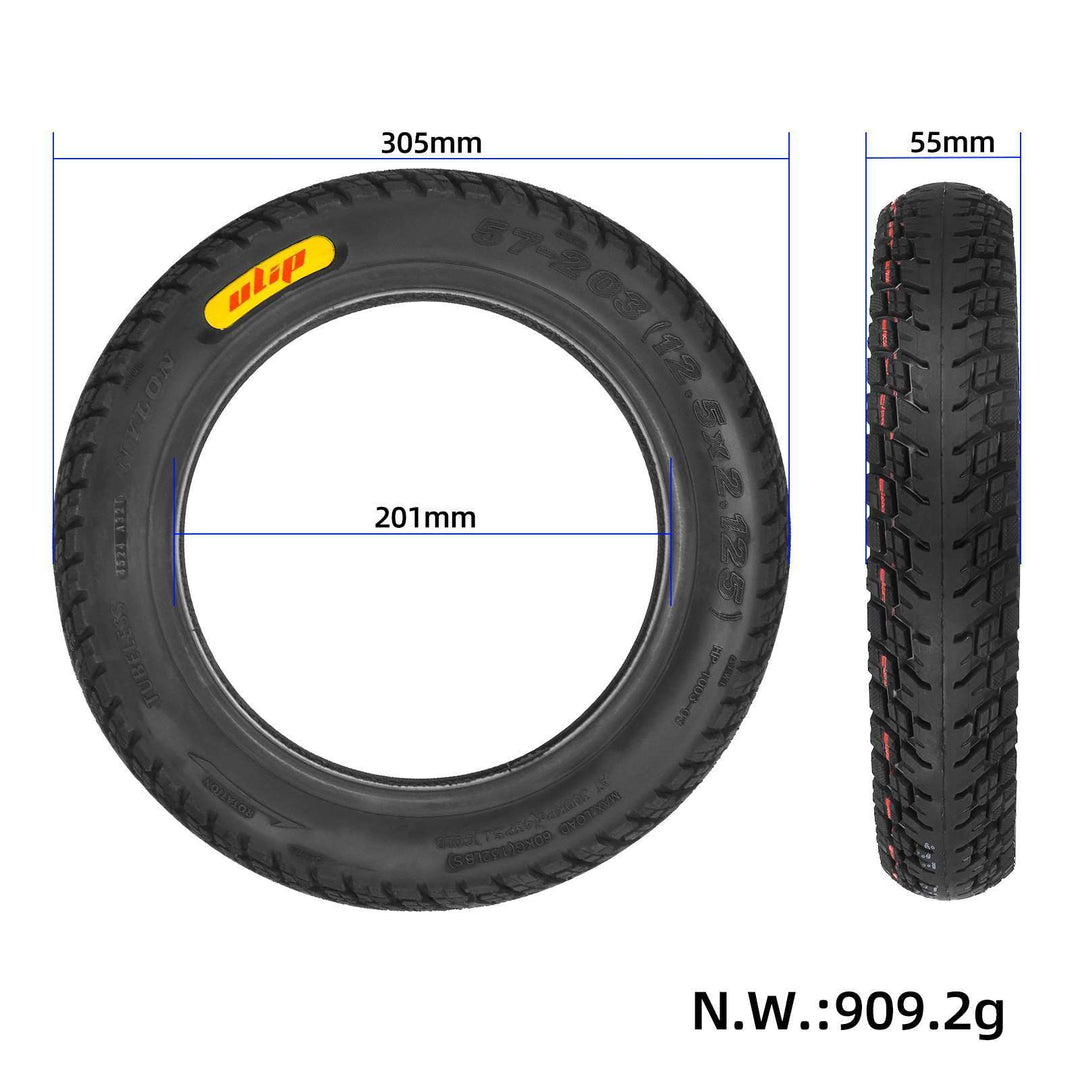 Dimensions of the ULIP 12.5x2.125 (57-203) off-road tubeless tyre. 305mm outer diameter, 201mm inner diameter and 55mm width