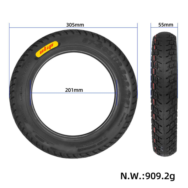 Dimensions of the ULIP 12.5x2.125 (57-203) off-road tubeless tyre. 305mm outer diameter, 201mm inner diameter and 55mm width