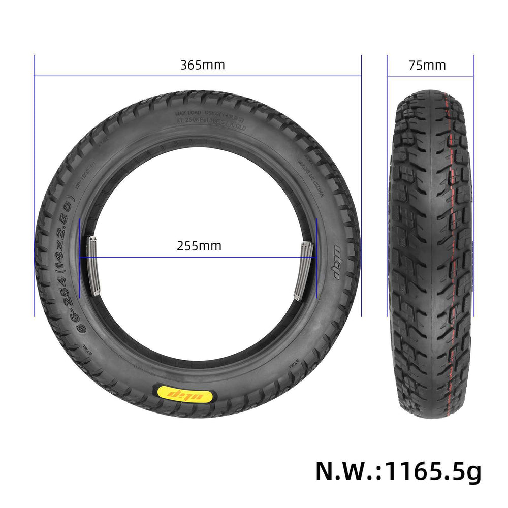 Dimensions of ULIP 14x2.50 (66-254) tubeless tyre showing 365mm overall diameter, 255mm internal diameter and 75mm width.