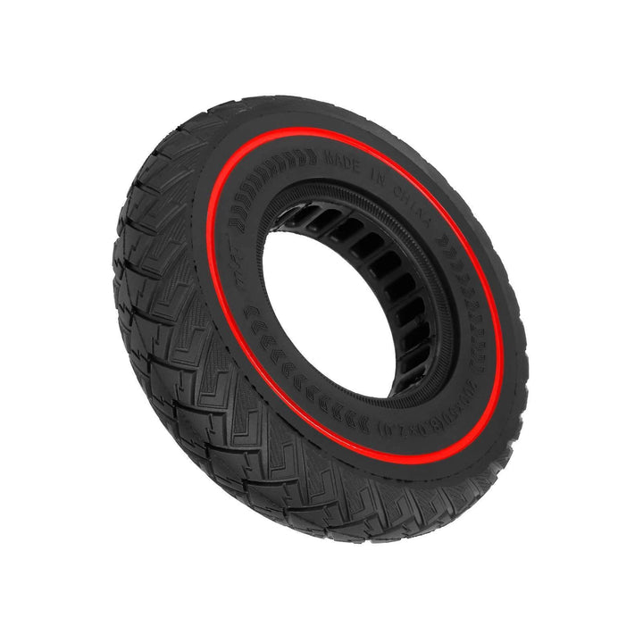 Angled view of ULIP 200x50 airless tyre showing off-road tread and red ring