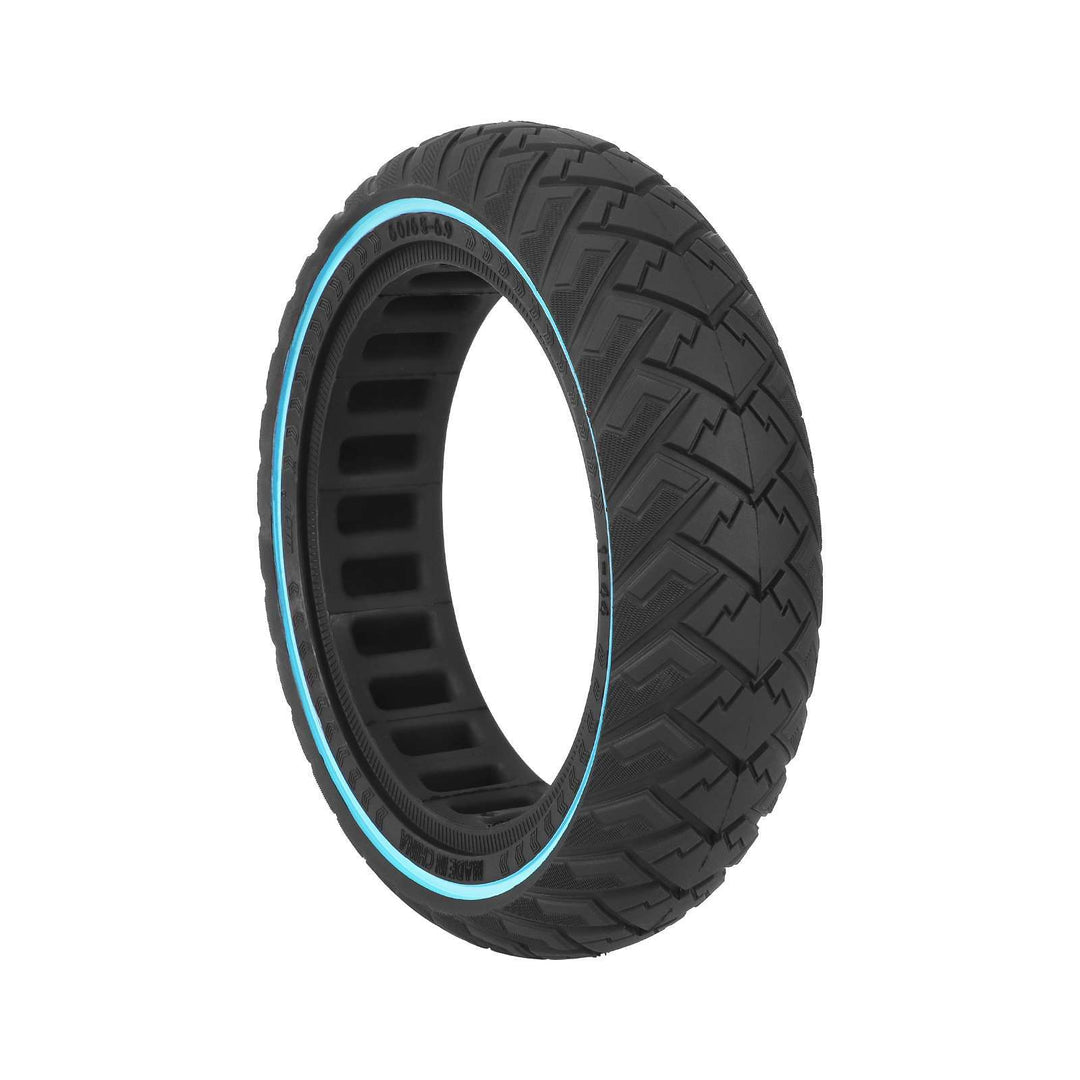 Front angle of ULIP 60/65-6.9 puncture-proof solid scooter tyre with blue stripe.