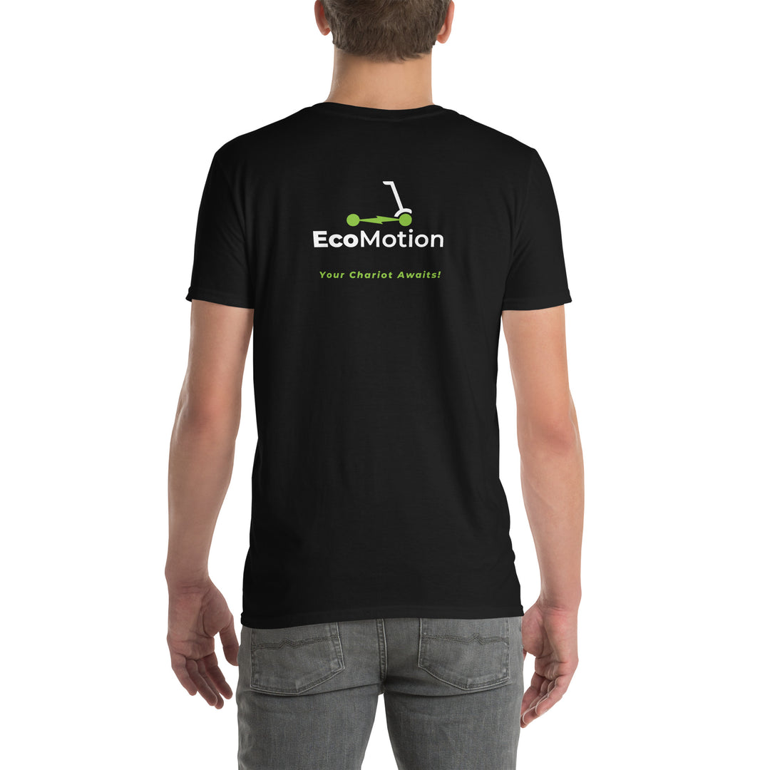 Back view of a man wearing a black EcoMotion T-shirt featuring the EcoMotion logo and the slogan "Your chariot awaits."