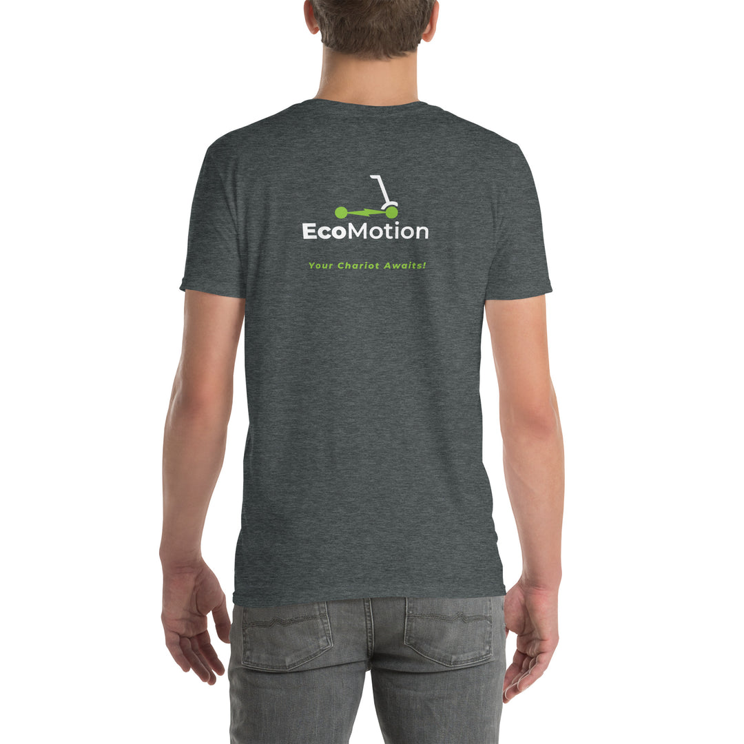 Back view of a man wearing a Dark Heather/Grey EcoMotion T-shirt featuring the EcoMotion logo and the slogan "Your chariot awaits."