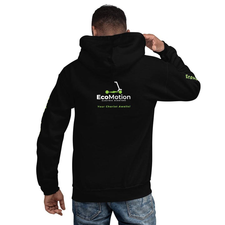 Back view of a person wearing the black "Life's Too Short To Sit In Traffic" EcoMotion hoodie, showcasing the EcoMotion logo and "Your Chariot Awaits!" slogan.