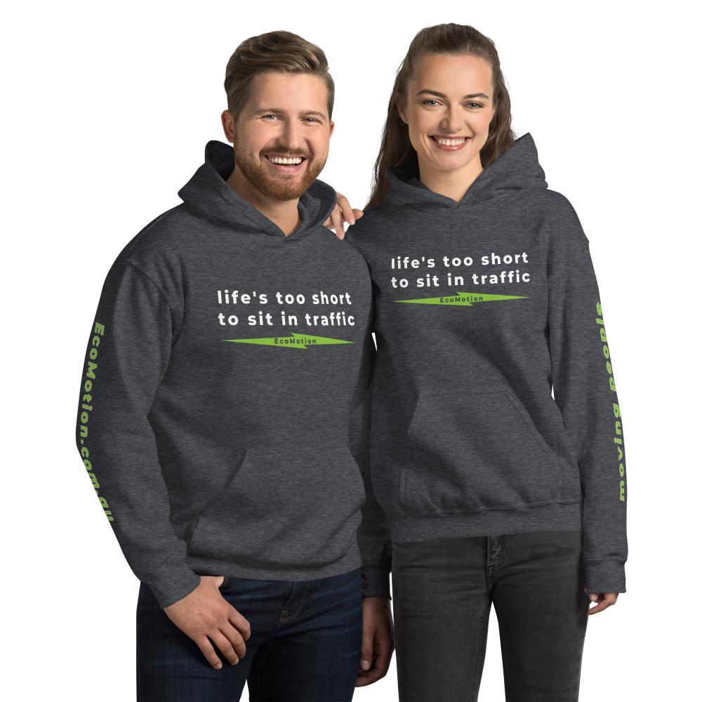 Couple wearing grey heather "Life's Too Short To Sit In Traffic" EcoMotion hoodies, representing comfort, style, and eco-friendly living.