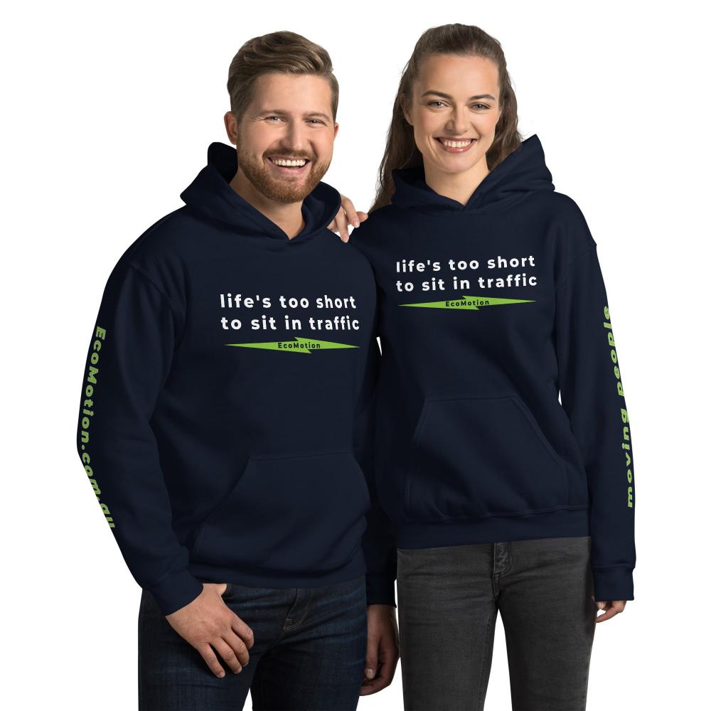 Couple modeling navy blue "Life's Too Short To Sit In Traffic" EcoMotion hoodies, perfect for electric scooter enthusiasts who value comfort and sustainable fashion.