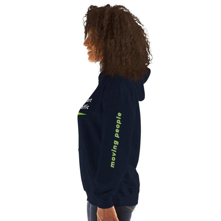 Left side profile of a woman wearing a black "Life's Too Short To Sit In Traffic" EcoMotion hoodie, highlighting the casual and comfortable fit, an d EcoMotion's "Moving People" slogan on the left sleeve.