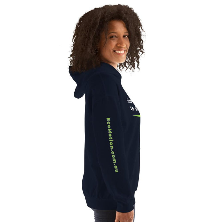 Side profile of a woman wearing a black "Life's Too Short To Sit In Traffic" EcoMotion hoodie, highlighting the casual and comfortable fit.