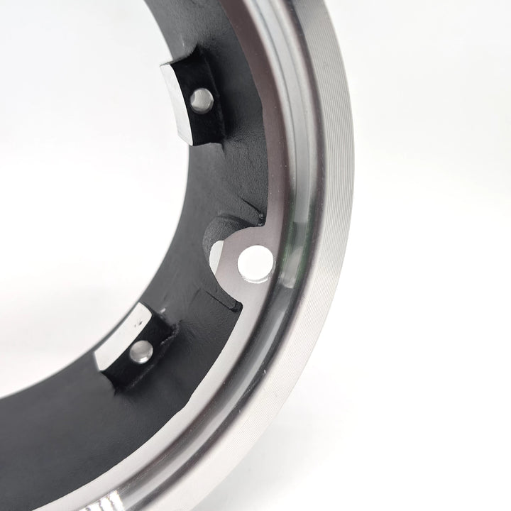 Close up view of the rim valve hole  on the tubeless Dualtron tubeless wheel hub rim.