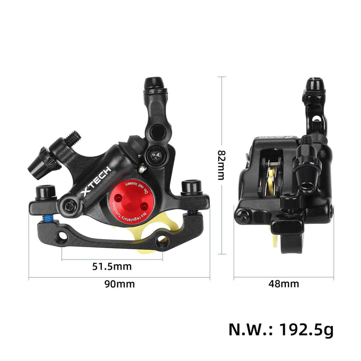 Marked dimensions of the Xtech Zoom HB100 hydraulic brake calliper.