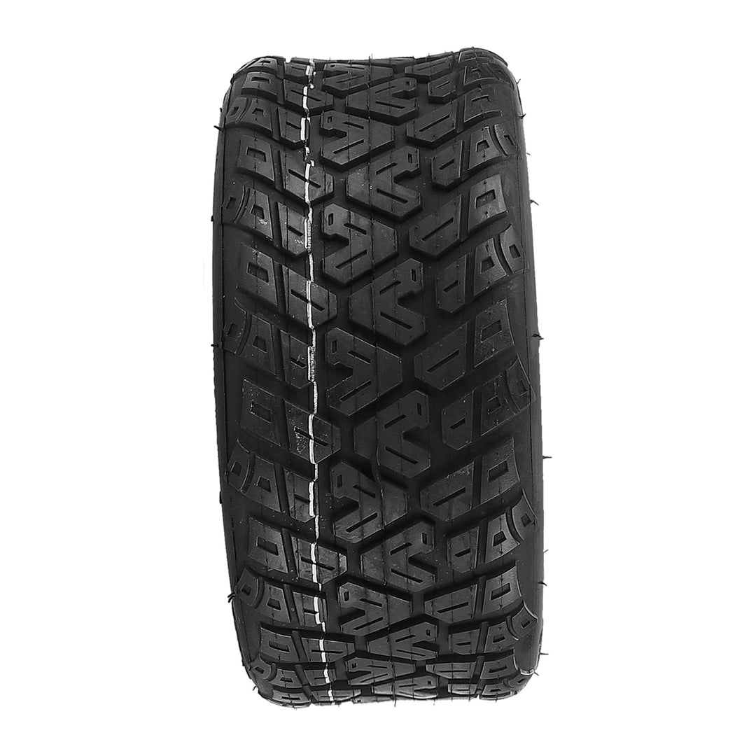 Front view of Yuanxing 85/65-6.5 vacuum tyre showing aggressive all-terrain tread pattern.