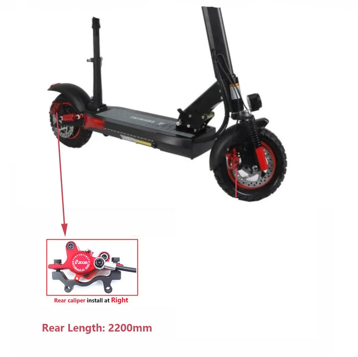 Zoom right rear hydraulic brake caliper installed on an electric scooter showing correct mounting orientation.