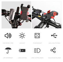 Load image into Gallery viewer, Declutter your cockpit with the 4 in 1 Bike Light plus Phone Holder plus Power Bank plus Horn
