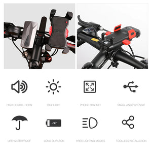Declutter your cockpit with the 4 in 1 Bike Light plus Phone Holder plus Power Bank plus Horn
