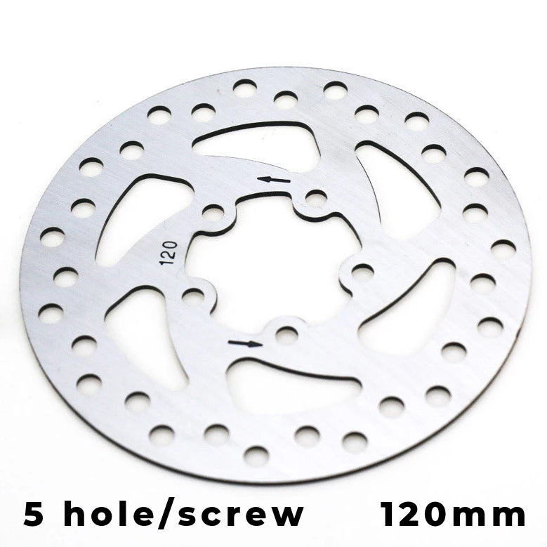 120mm Disc Brake Rotor with 5 holes for screws. Etched with directional arrows to ensure installed with correct orientation.