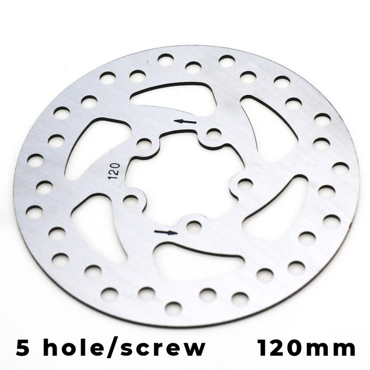 120mm Disc Brake Rotor with 5 holes for screws. Etched with directional arrows to ensure installed with correct orientation.
