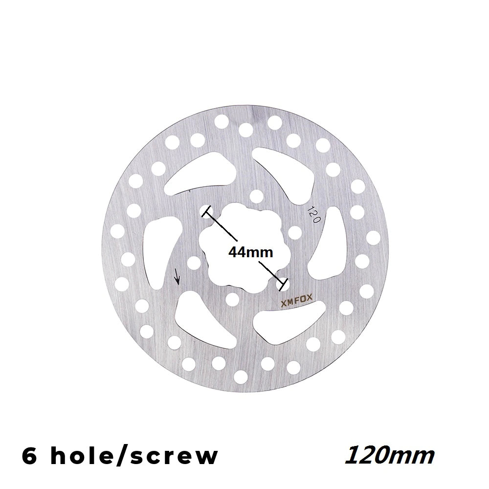 120mm Disc Brake Rotor (6 holes/screws). Engraved with directional arrow, to ensure correct installation. Marked to show 44mm distance between opposing screw holes.