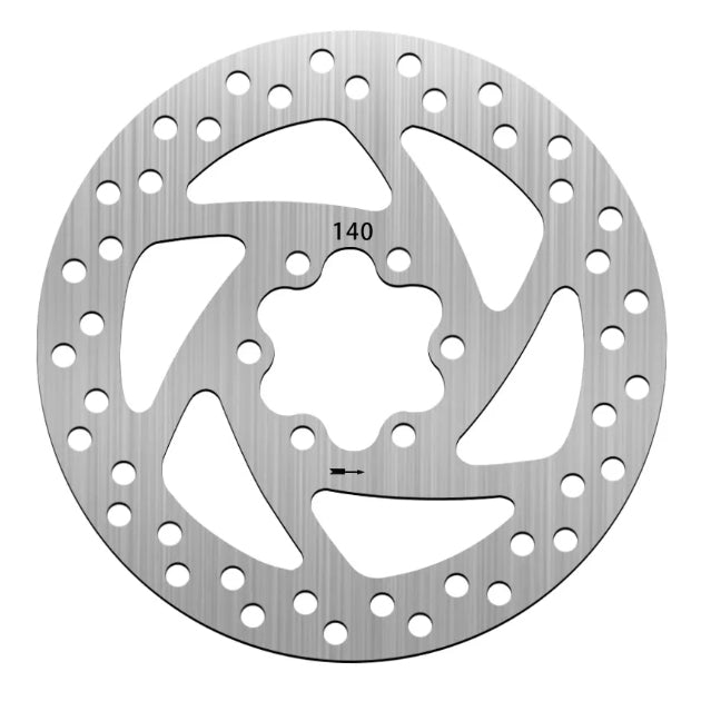 140mm Disc brake rotor for Segway Ninebot, with 6 screw holes. Rotor is engraved with a directional arrow to ensure correct installation. 