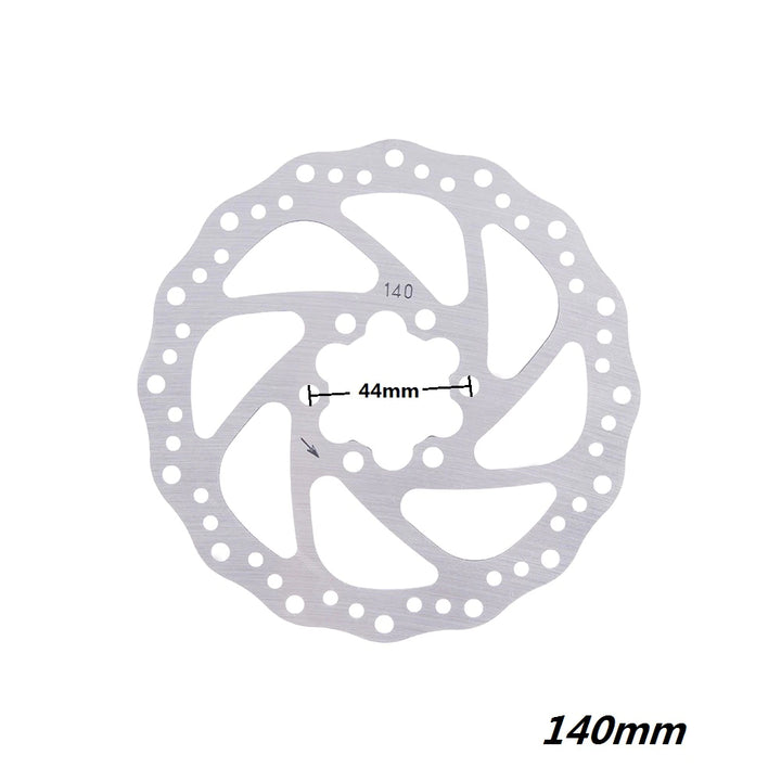 140mm Disc Brake Rotor. Shows directional arrow, to ensure rotor is installed correctly. 44mm between opposing screw holes.