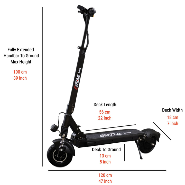 EMOVE Touring - Dimensions Unfolded - 100cm high x 120cm long x 18cm deck width x 56cm deck length