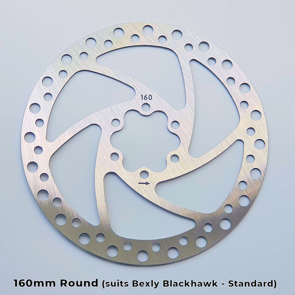 Close up view of 160mm Round Disc Brake Rotor, suitable for Bexly Blackhawk (Standard). Engraved with directional arrow to assist with correct installation.