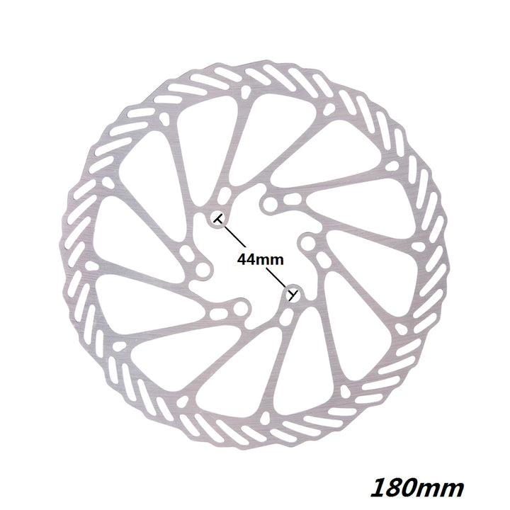 180mm Disc Brake Rotor with 6 screw holes, marked to show 44mm distance between opposing screw holes.