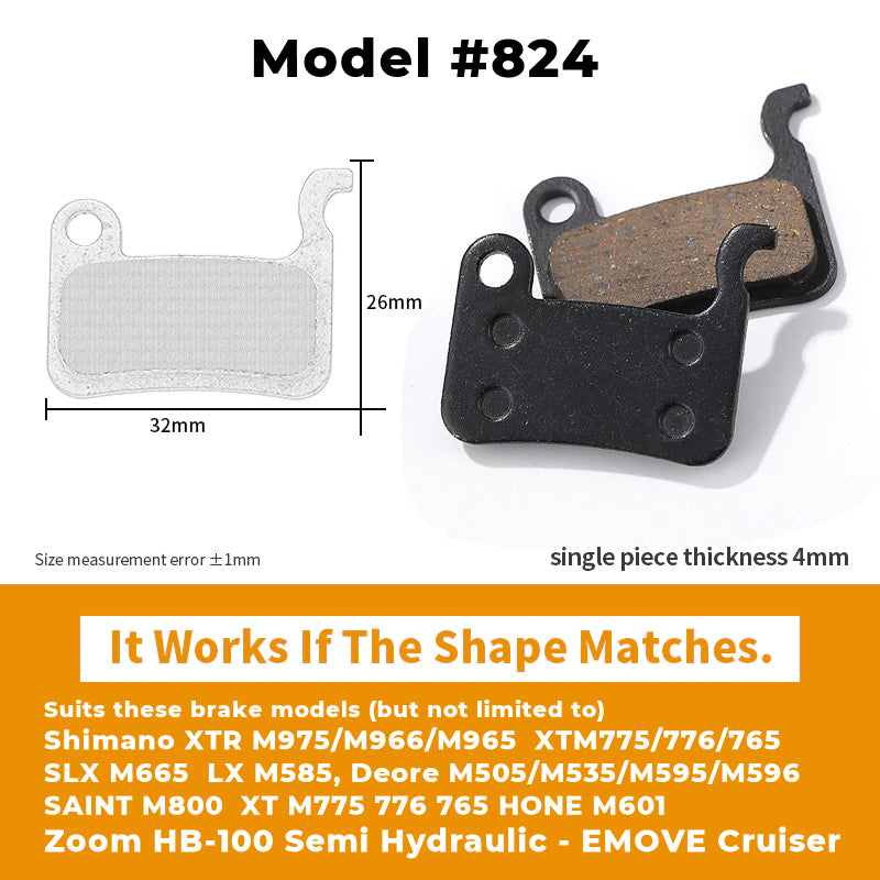 Model 824 resin brake pads for EMOVE Cruiser, EMOVE Roadrunner, Xiaomi M365 & all Zoom HB-100 semi hydraulic brake callipers. 26mm high, 32mm wide. Single piece thickness 4mm.