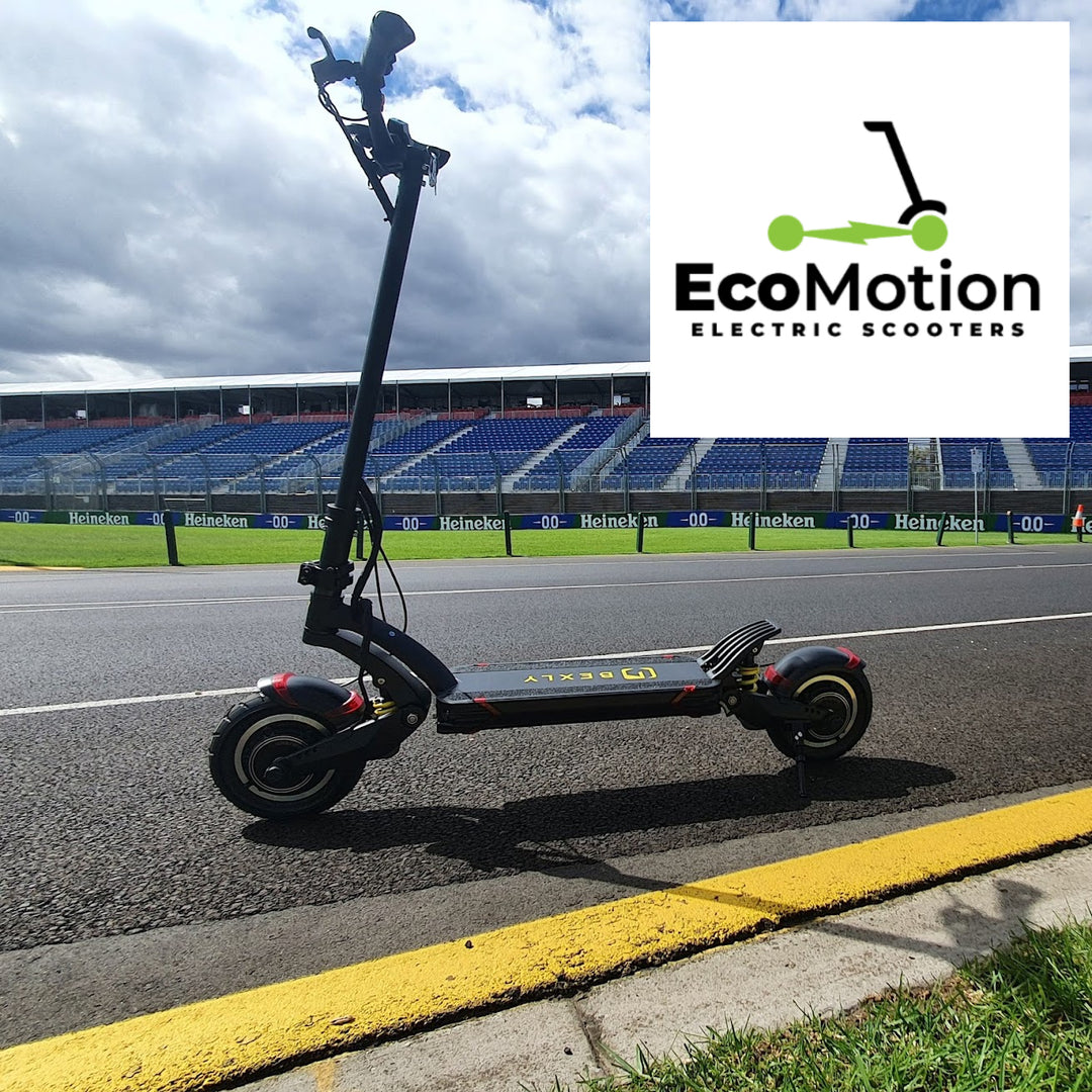 Bexly 10X electric scooter on Albert Park racetrack in front of empty stands before F1 race, showcasing high-performance features and durability.