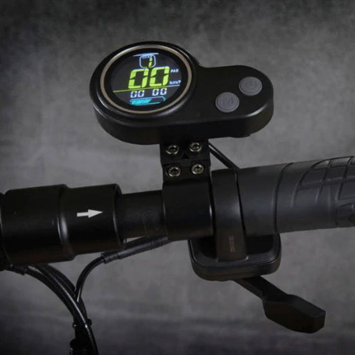 Thumb Throttle (Horizontal) for EMOVE Touring, fitted to the handlebar of an EMOVE Electric Scooter, displaying the colour LCD and ergonomic thumb throttle.