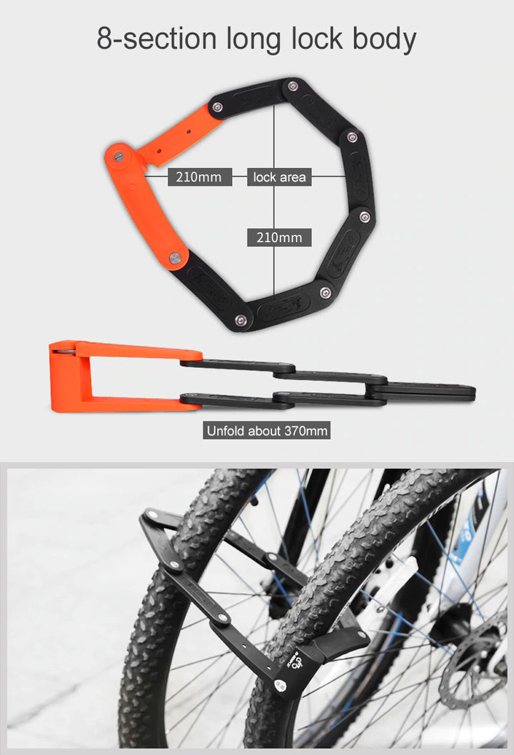 Anti-Theft INBIKE Folding Hydraulic Pressure Stainless Steel (Rubber Coated) Lock featuring an 8-Section Body, providing an internal lock area diameter of 210mm and an unfolded length of approximately 370mm. Shows two bicycle locked securely together with one INBIKE folding lock.