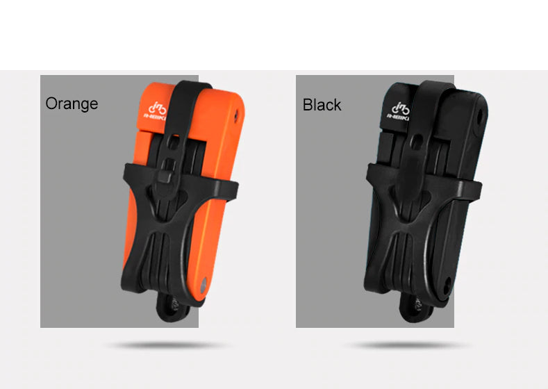 Black and Orange Colour Options available in the Anti-Theft INBIKE Folding Hydraulic Pressure Stainless Steel (Rubber Coated) Lock.