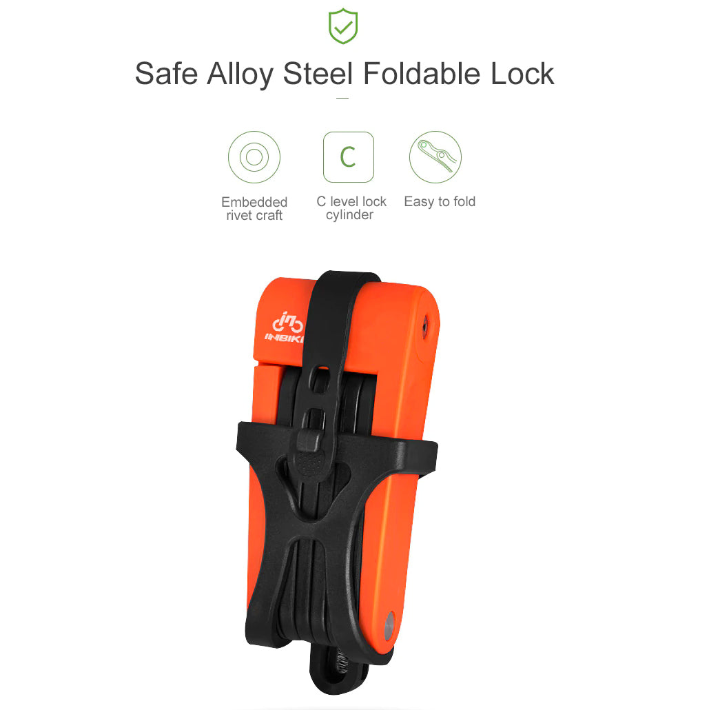 Image of the INBIKE folding lock made from safe alloy steel, featuring embedded rivet craft and a C-level lock cylinder, designed for easy folding and secure storage, suitable for bicycles and electric scooters.