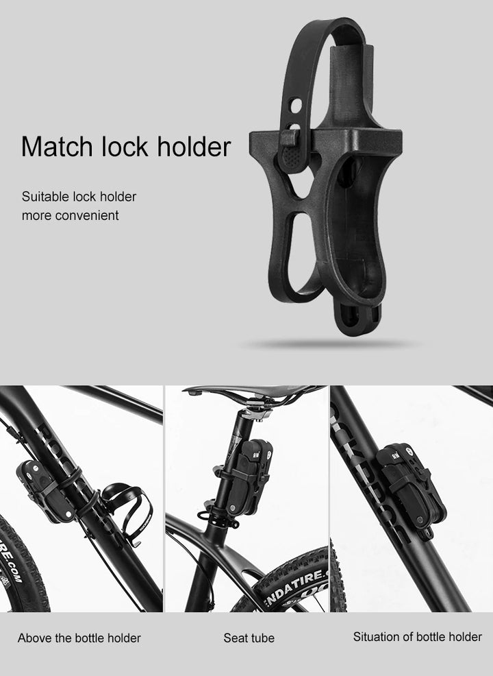 The fully adjustable lock holder included can be attached to many parts of the bicycle frame, seat or stem.