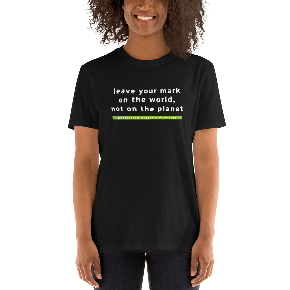 Smiling woman wearing a black EcoMotion T-shirt with the text "leave your mark on the world, not on the planet" printed on the front.