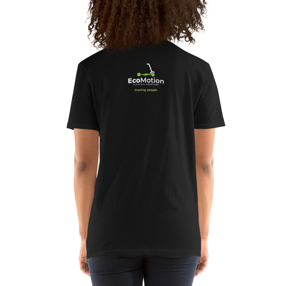 Back view of a black EcoMotion T-shirt worn by a smiling woman, featuring the EcoMotion logo and the slogan "Moving people" printed on the back.