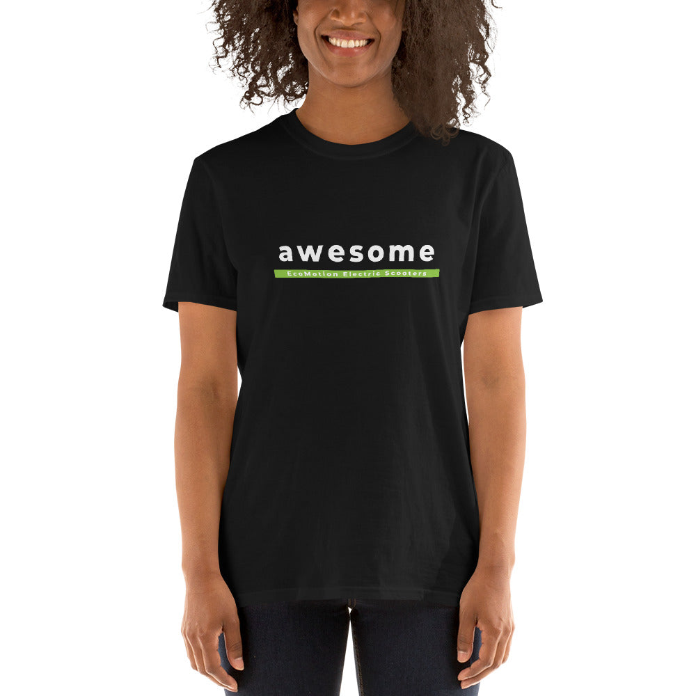 Smiling woman wearing a black EcoMotion T-shirt with the word "AWESOME" printed in bold white text across the chest, radiating confidence and positivity.