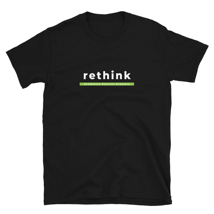 Product shot of a black EcoMotion T-shirt featuring the bold slogan "rethink" across the chest.